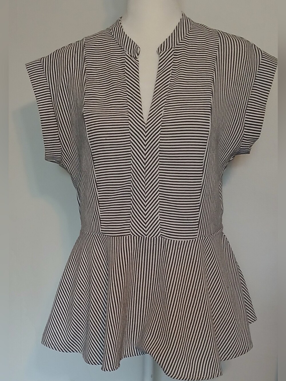 Grey & White Striped Peplum V-Neck Blouse